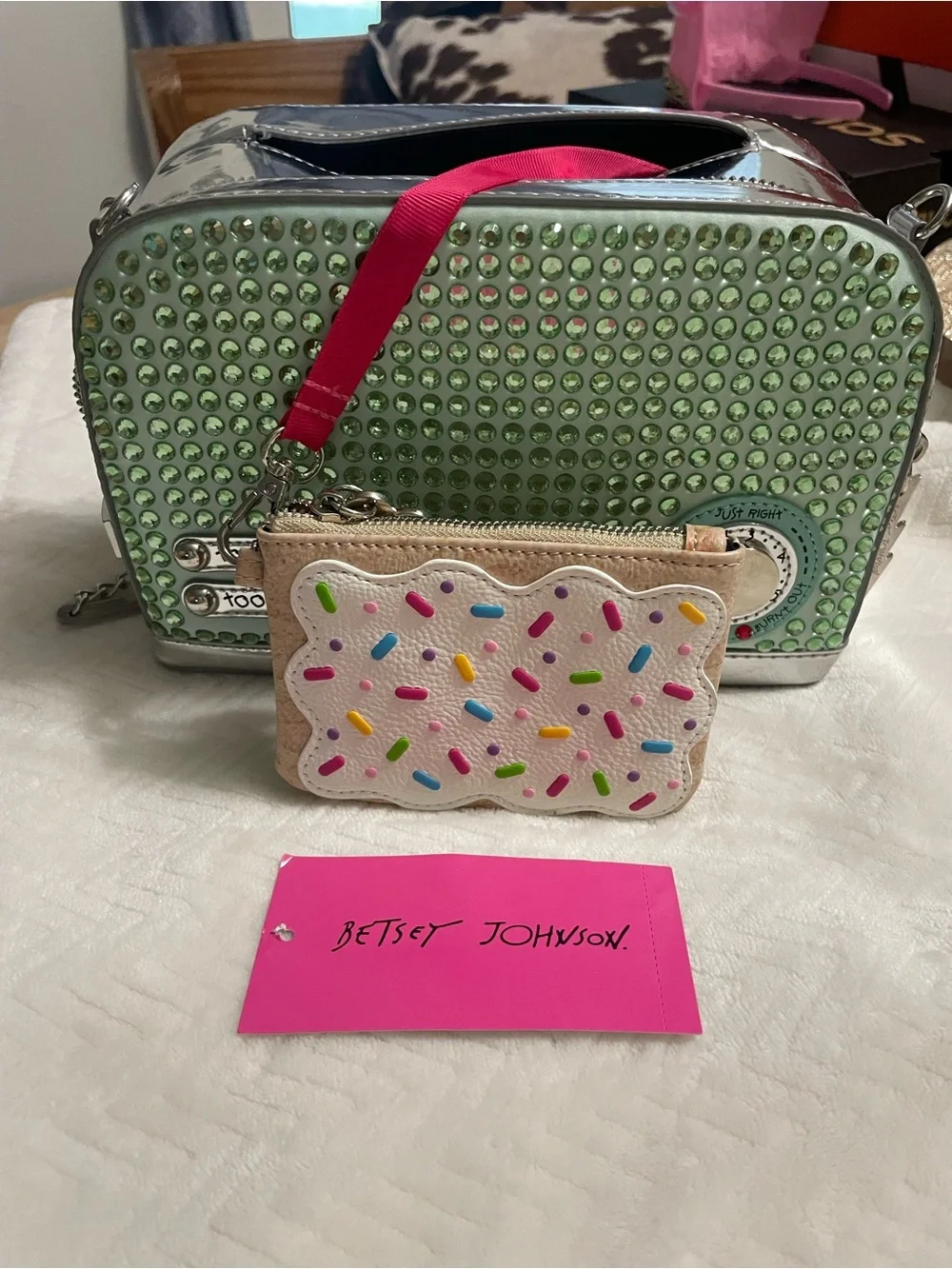 Betsey Johnson Green Rhinestone Retro “Lets Get Toasted” Crossbody Bag